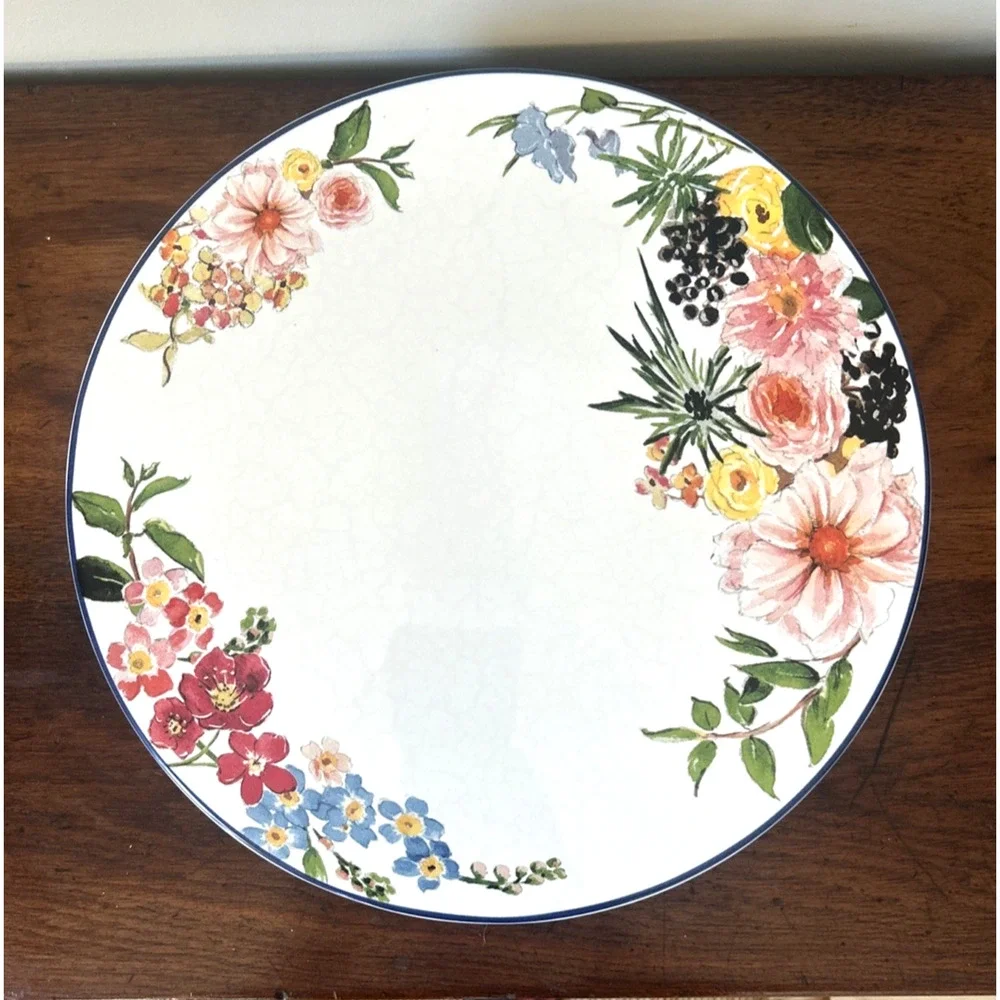 Pottery Barn Flora Floral Rim Cake Plate & Centerpiece Serving Fruit Bowl Easter